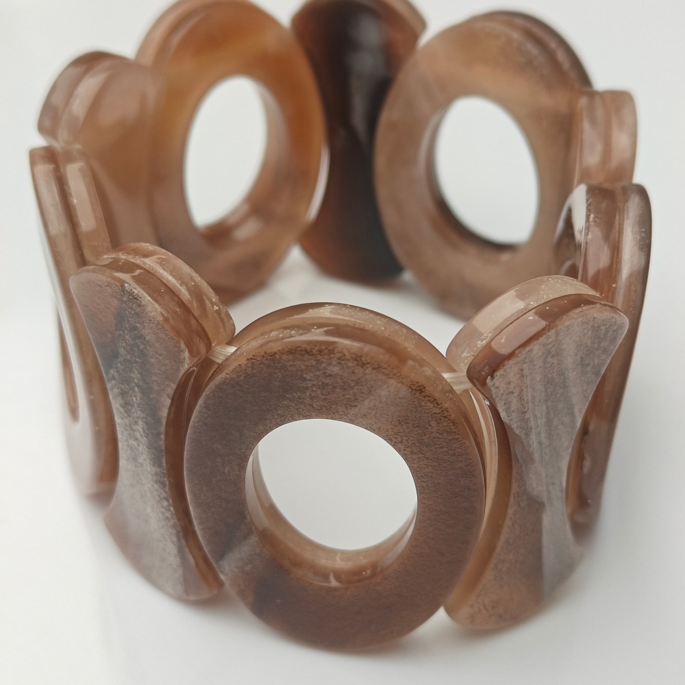 Brown Marbled Resin Chunky Stretch Bracelet Geometric Open Link Statement Boho